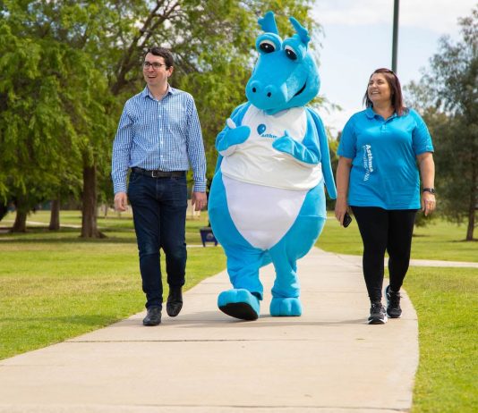 Federal MP Patrick Gorman - Asthma WA mascot Puffer and Asthma WACEO Donna Rendell