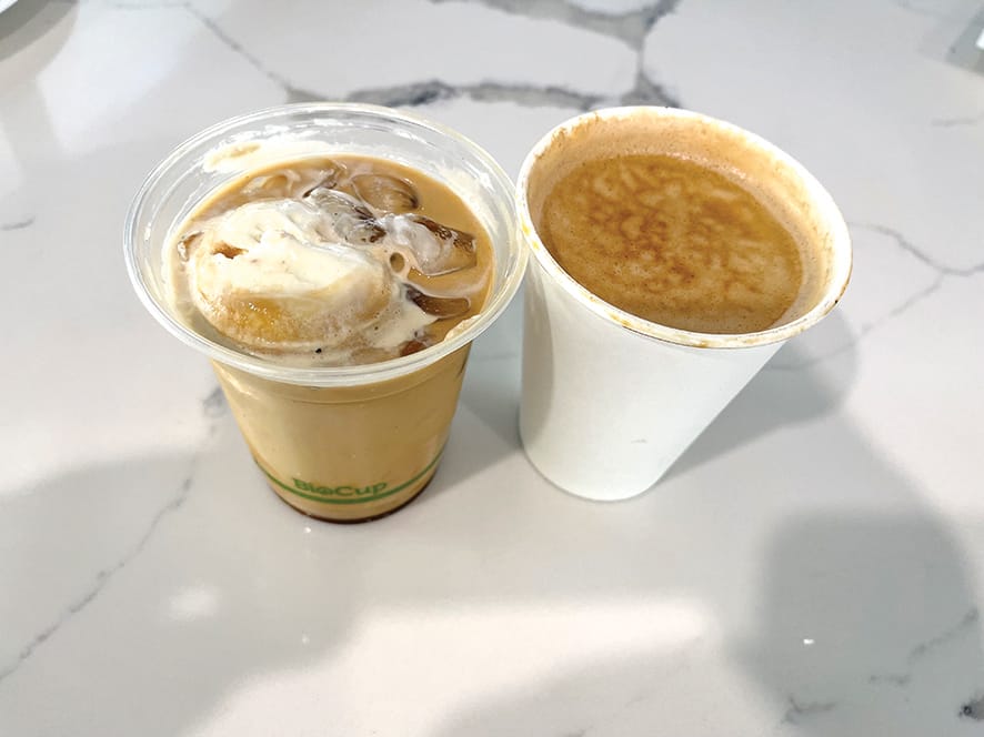 L-R; iced coffee with ice cream and flat white