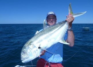 Ben Patrick hooked this horse of a brassy trevally on a Whiptail lure in Exmouth Gulf