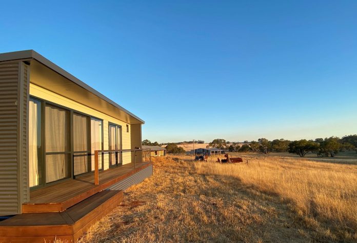 Caption; Set on 83 acres of unspoiled rolling paddocks, trees and chatty birds, the isolation is spectacular at the Frankland River Retreat